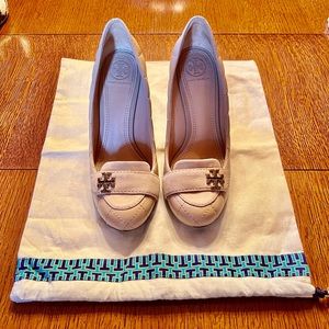 Tory Burch pink leather and suede hedge heels - size 6